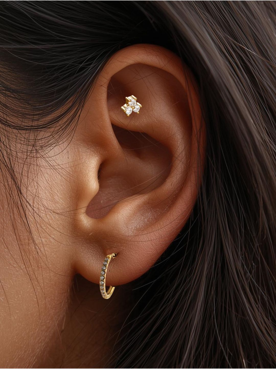 The Talisman Collection 18k Gold Plated Tarnish-Free Crystal Tri Flower Single Cartilage & Lobe Piercing Stud