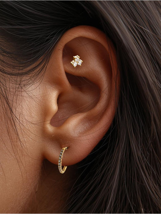 The Talisman Collection 18k Gold Plated Tarnish-Free Crystal Tri Flower Single Cartilage & Lobe Piercing Stud