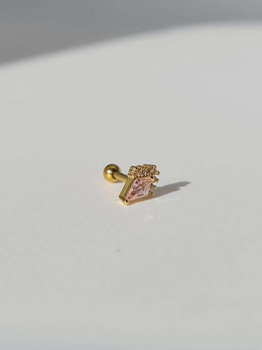 The Jordan 18k Gold Plated Titanium Steel Diamond Cut Crystal Dagger Cartilage Lobe Single Piercing Stud Earring in Pink Cubic Zirconia.