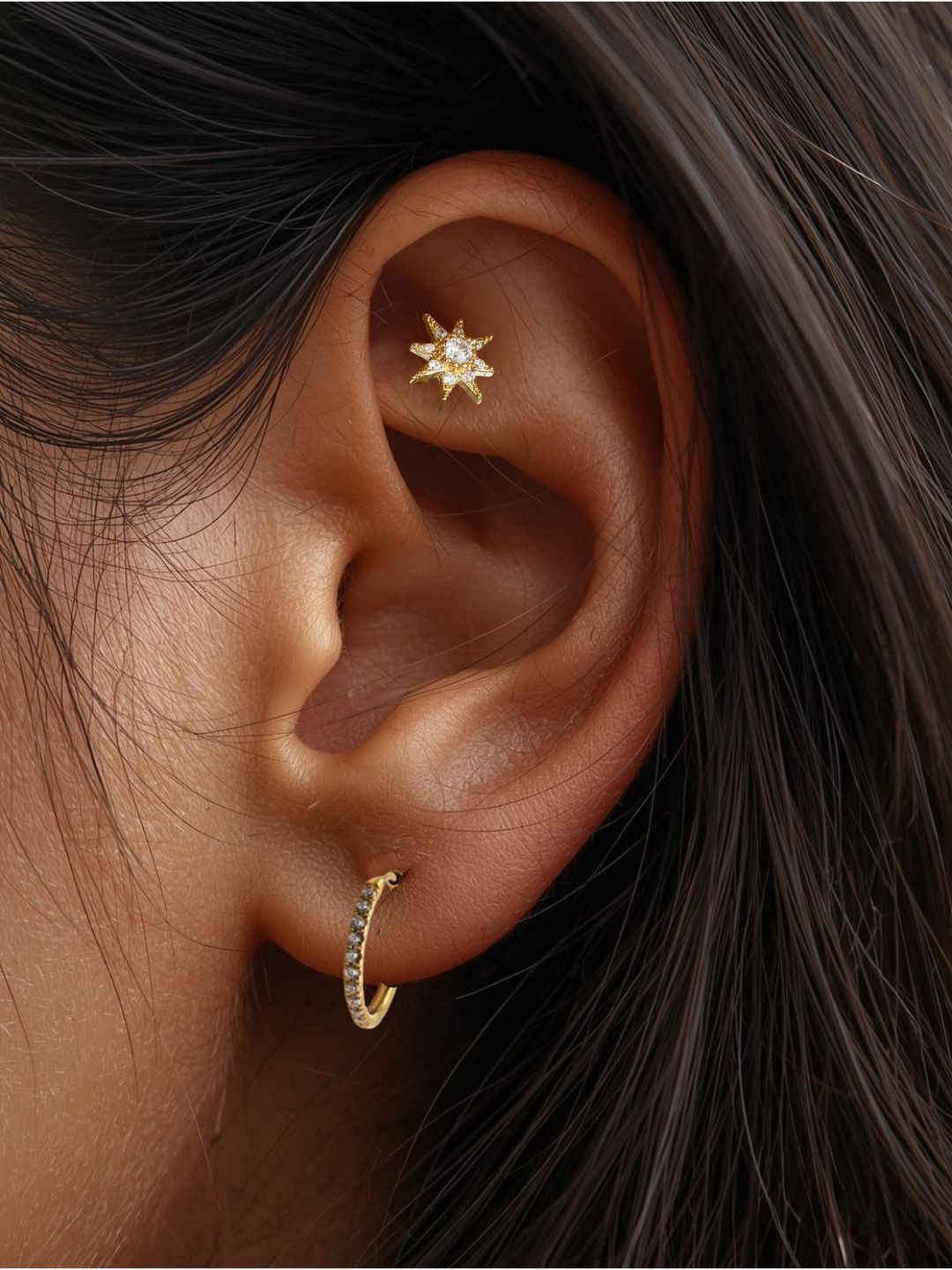 The Talisman Collection 18k Gold Plated Tarnish-Free Crystal Star Single Cartilage & Lobe Piercing Stud