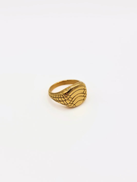 The Serpent 18k Gold Plated Stainless Steel Snake Etched Signet Ring.