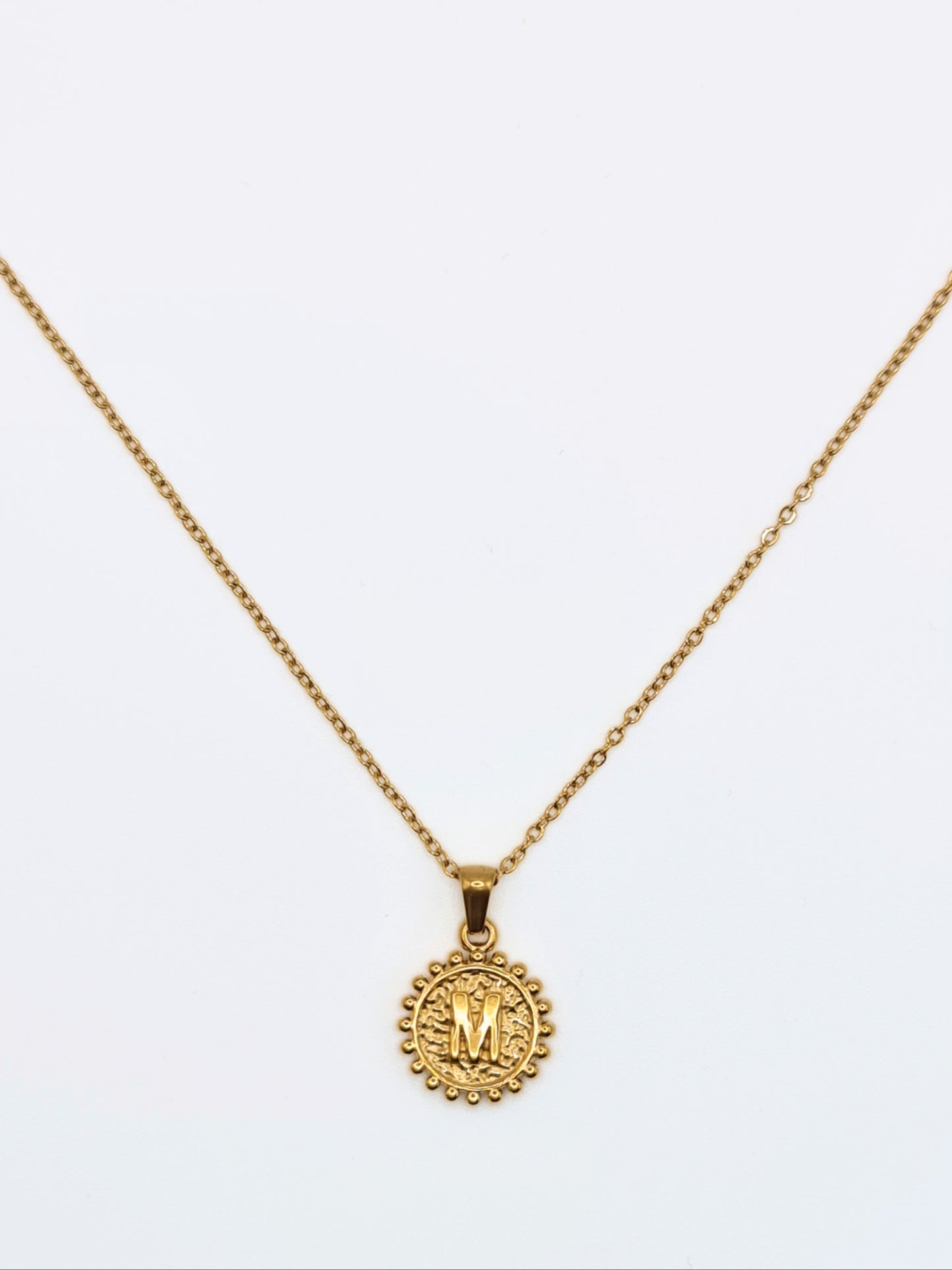 The Talisman Collection 'M' Initial 18k Gold Plated Stainless Steel Ball Trim Pendant Necklace.