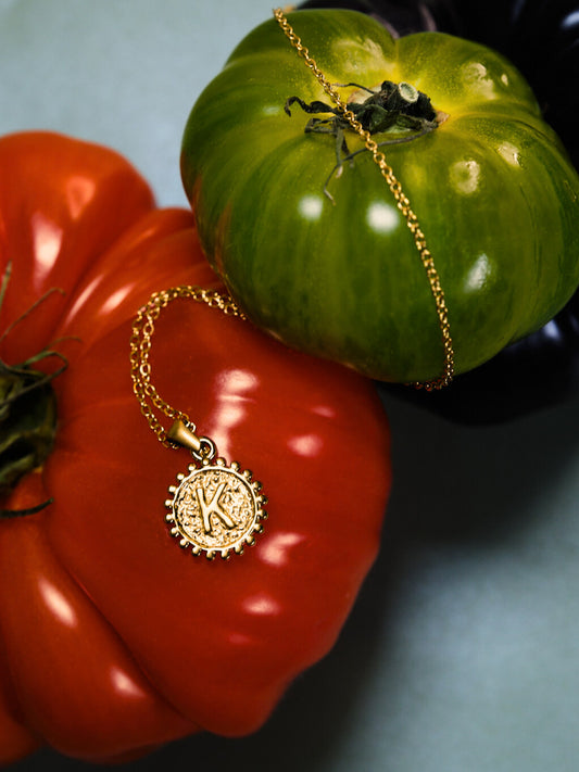 The Talisman Collection 'R' Initial 18k Gold Plated Stainless Steel Ball Trim Pendant Necklace.