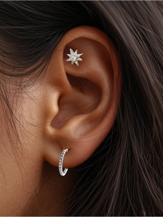 The Talisman Collection Silver Finish Tarnish-Free Crystal Star Single Cartilage & Lobe Piercing Stud