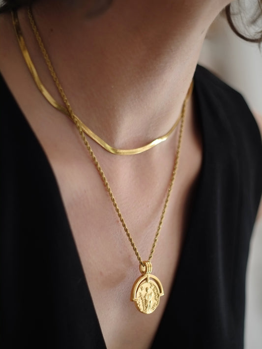 The Talisman Collection Coin & Snake Chain Necklace Set in 18k Gold Plated Stainless Steel.