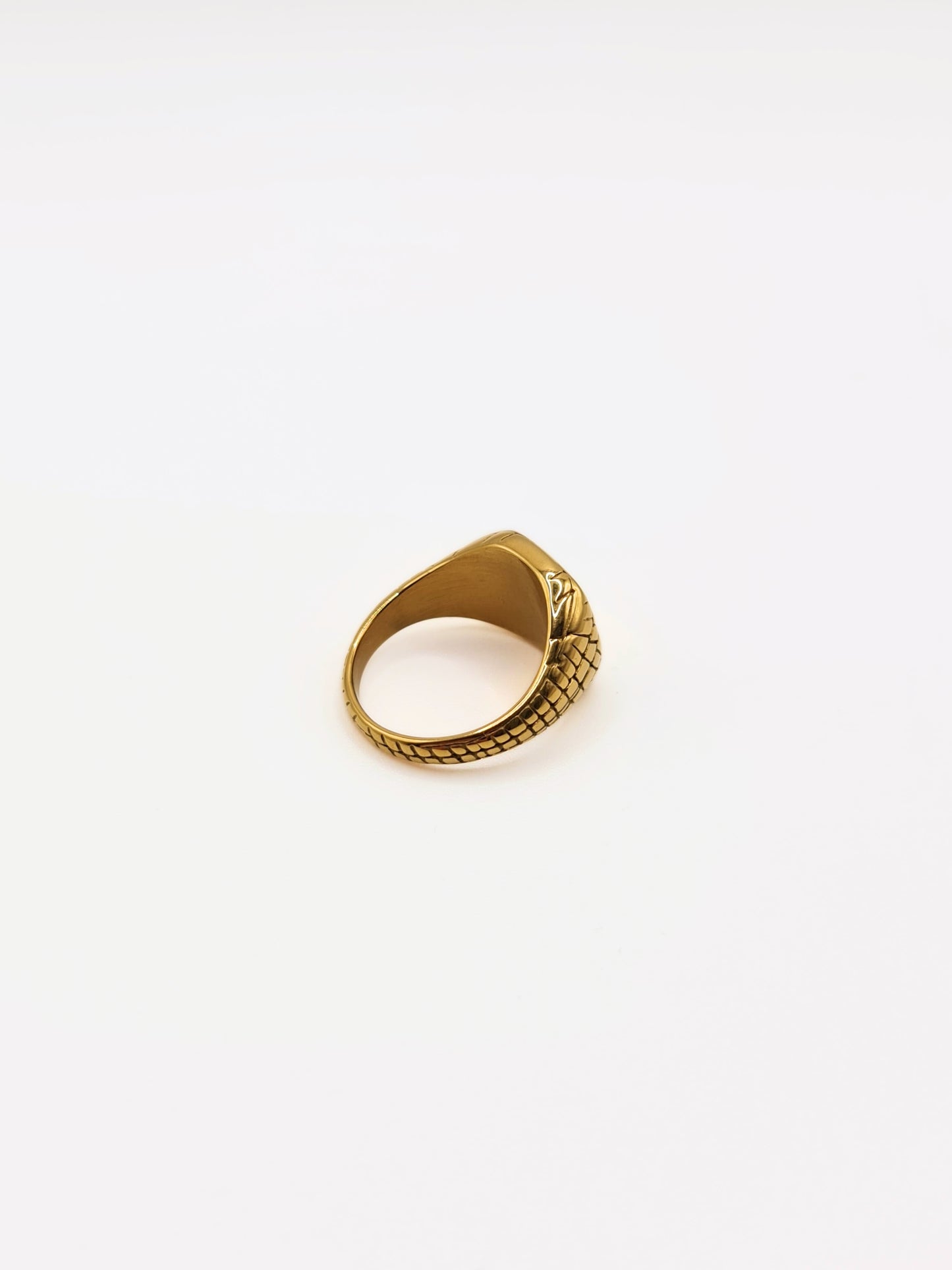 The Serpent 18k Gold Plated Stainless Steel Snake Etched Signet Ring.