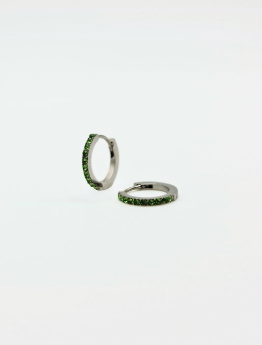 The Maija 'August' Peridot Birthstone Silver Finish Tarnish Free Crystal Huggie Hoop Earrings.
