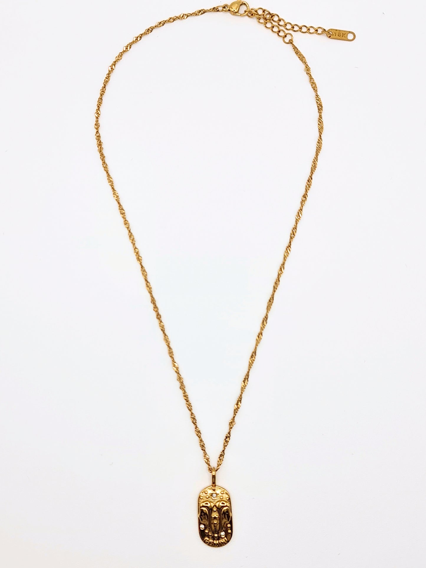 The Kiki Gemini 18k Gold Plated Stainless Steel Zodiac Starsign Crystal Necklace.