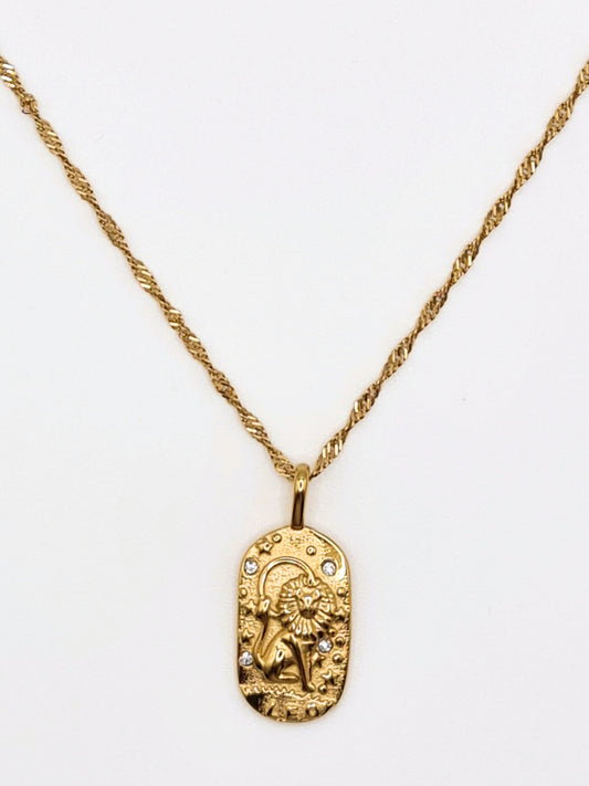The Kiki Leo 18k Gold Plated Stainless Steel Zodiac Starsign Crystal Necklace.
