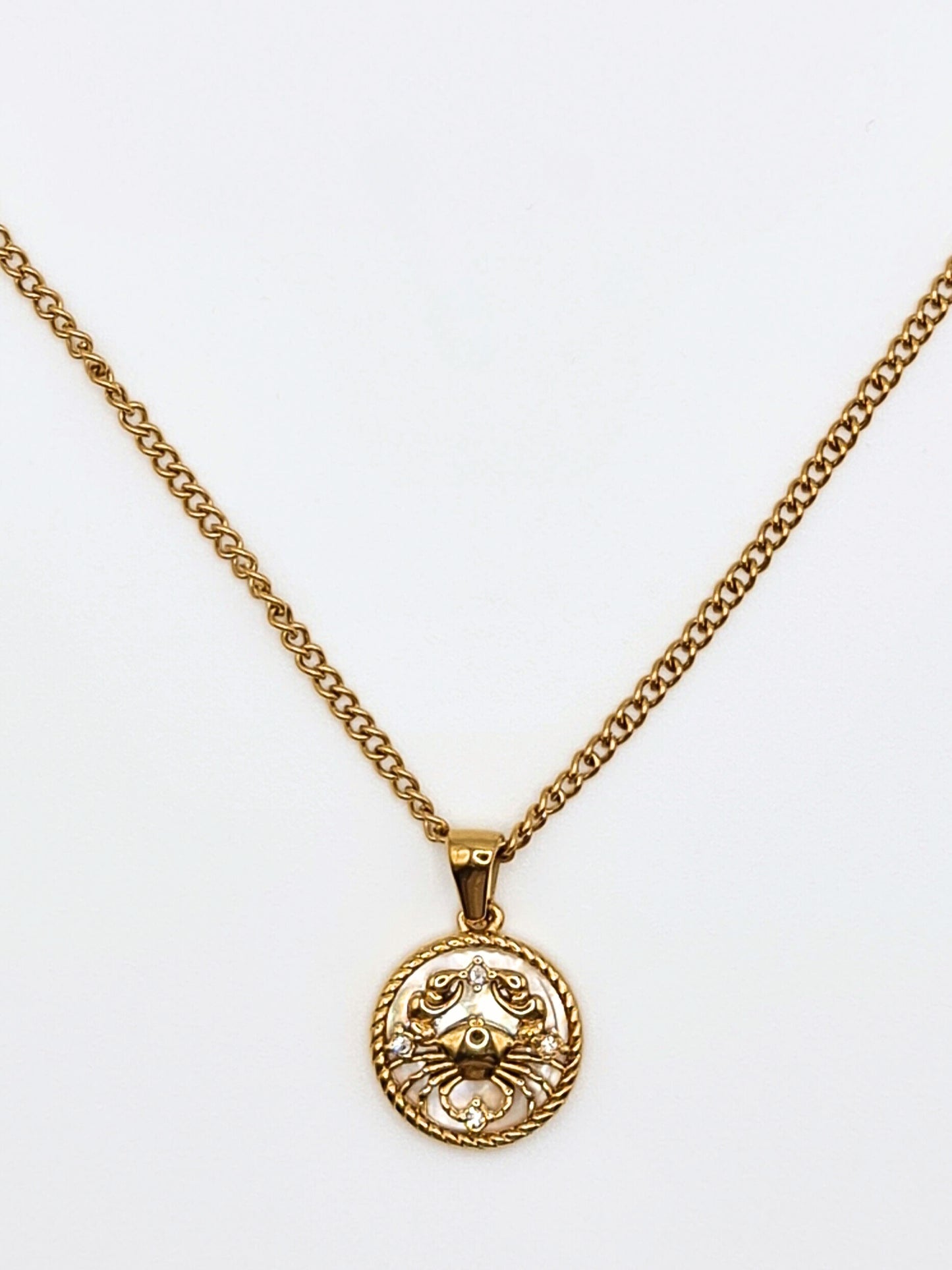 The Blair Cancer 18k Gold Plated Stainless Steel Zodiac Starsign Pearlescent Necklace.
