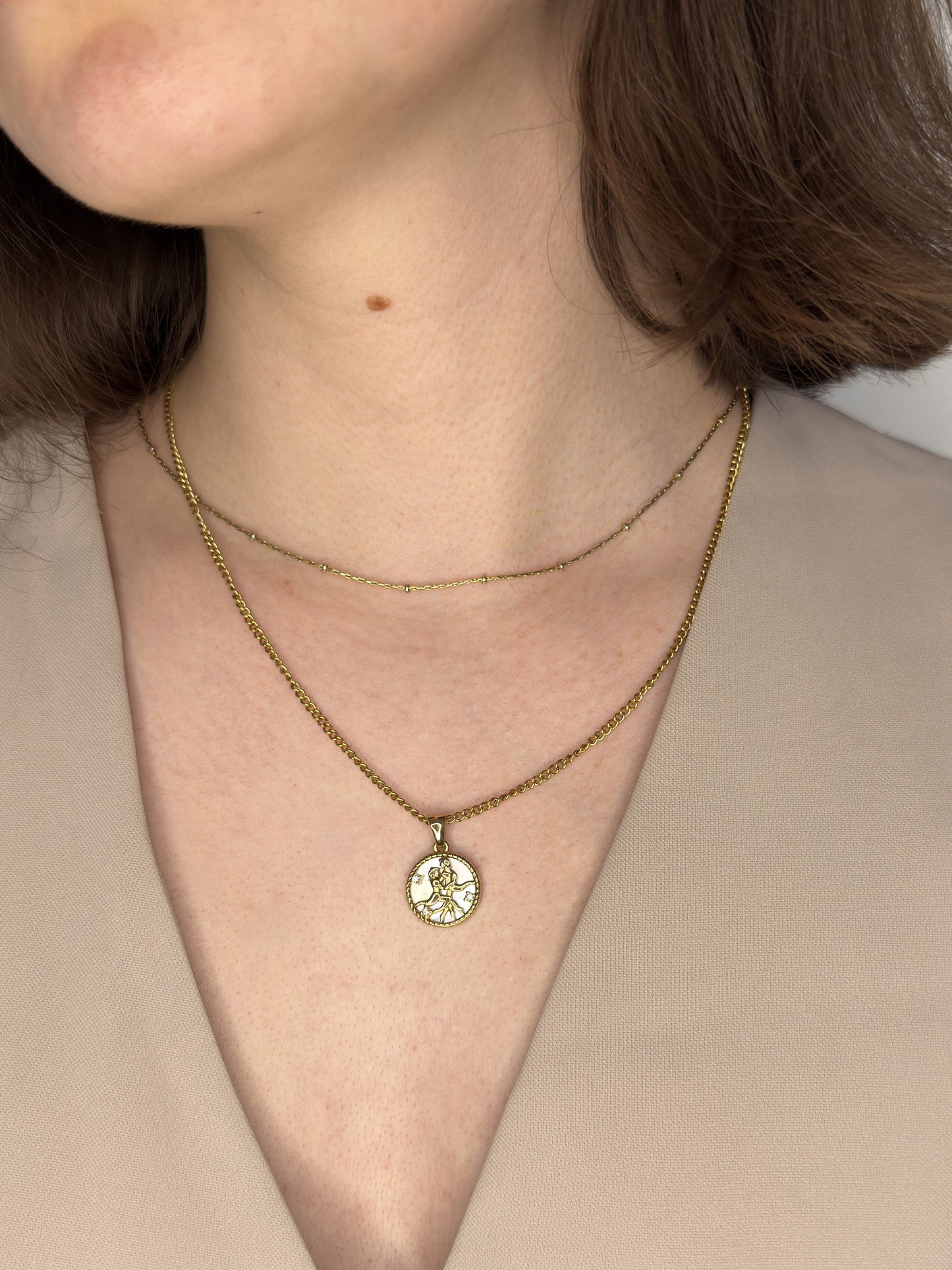 The Blair Gemini 18k Gold Plated Stainless Steel Zodiac Starsign Pearlescent Necklace.