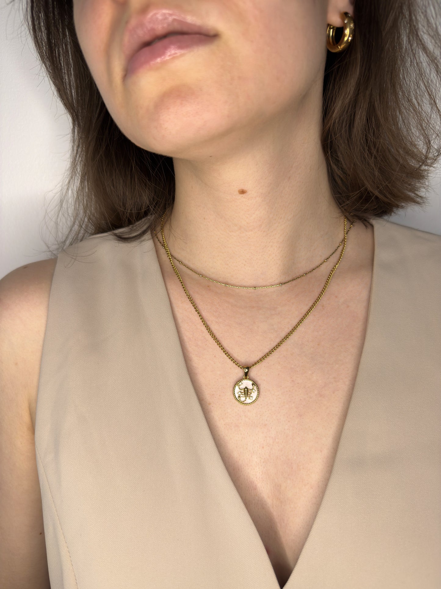 The Blair Scorpio 18k Gold Plated Stainless Steel Zodiac Starsign Pearlescent Necklace.