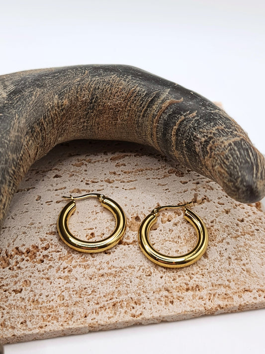 The Cassie 18k Gold Plated Stainless Steel Medium Hoop Earrings.