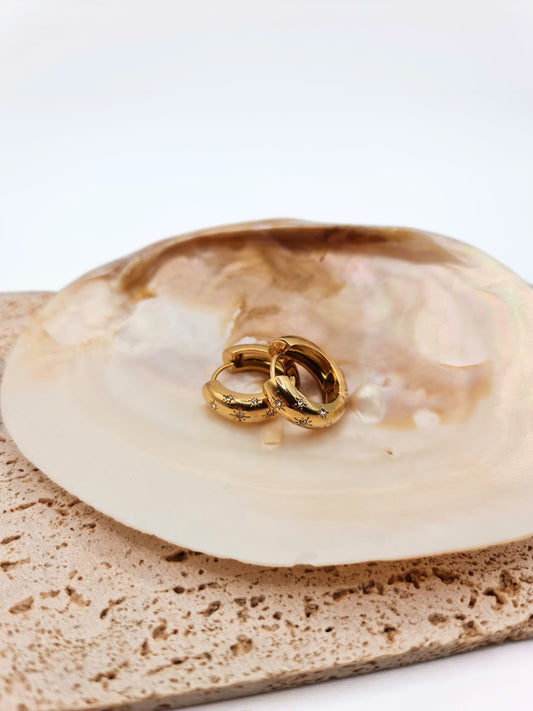 The Jules 18k Gold Plated Stainless Steel Crystal Chubby Huggie Hoop Earrings.