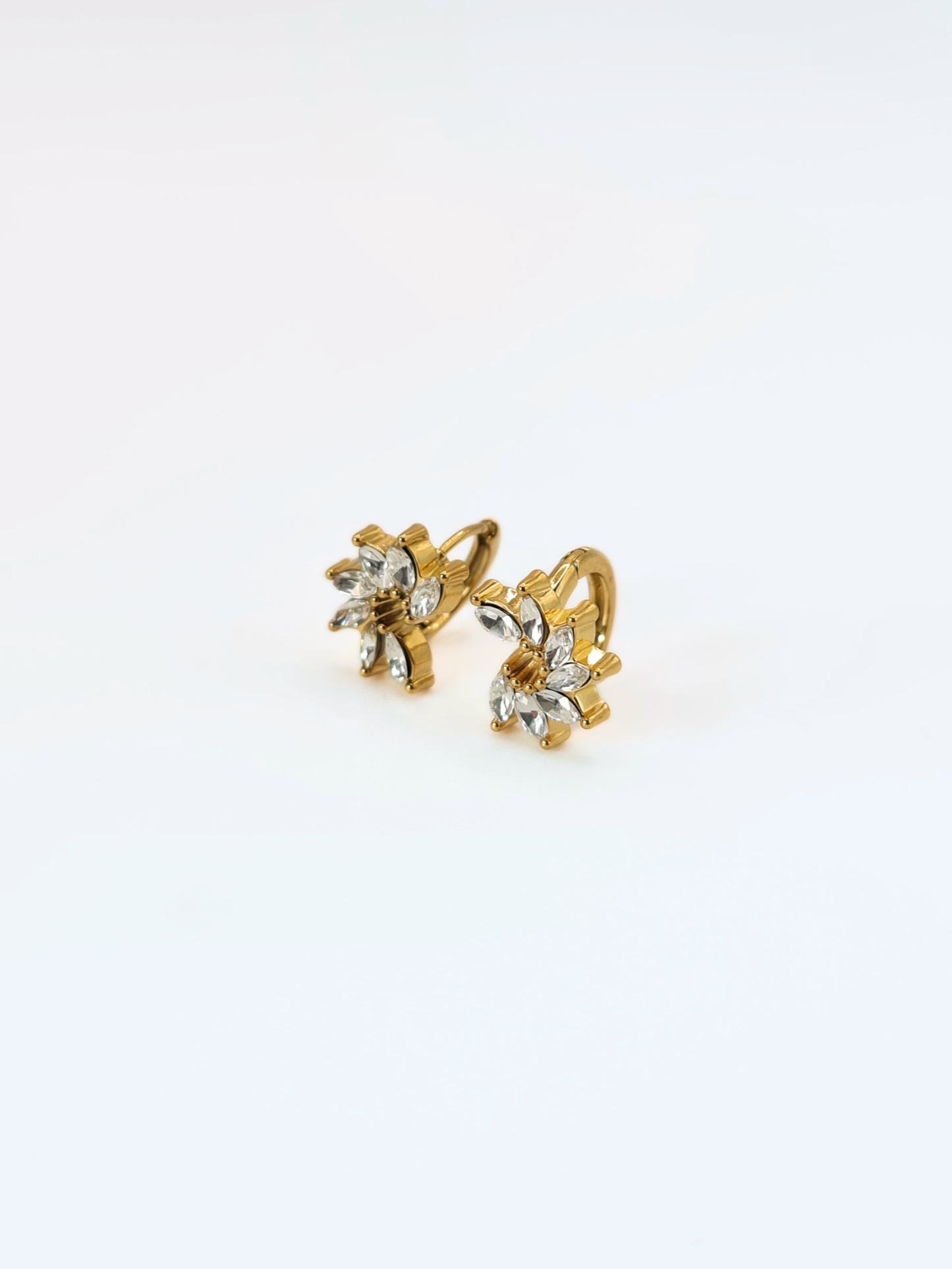 The Taylor 18k Gold Plated Stainless Steel Marquise Leaf Cut Cubic Zirconia Crystal Huggie Hoop Earrings.