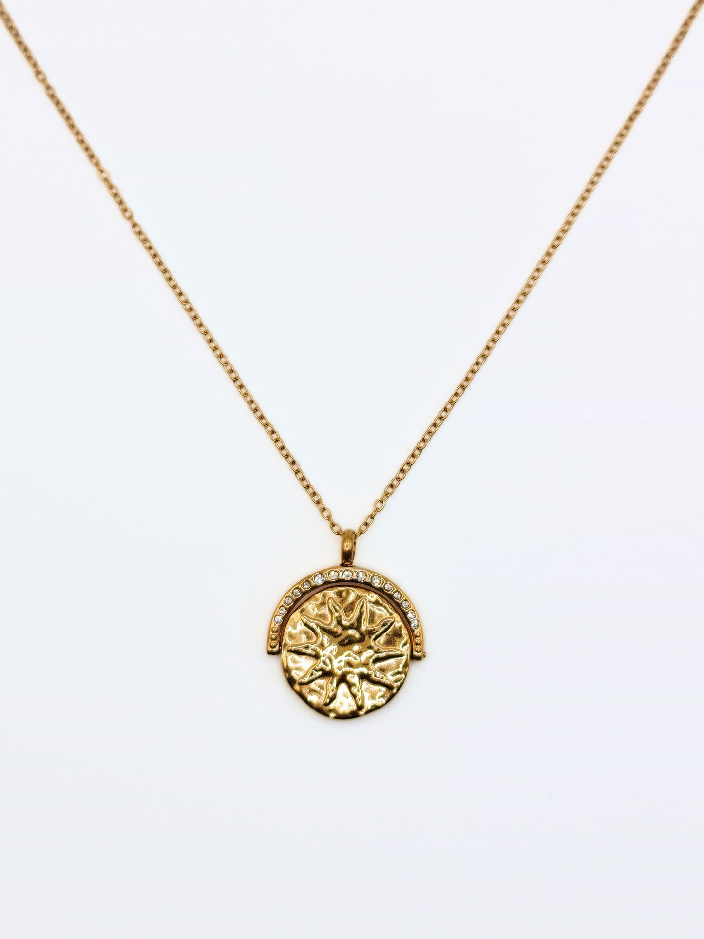 The Talisman Collection Set 18k Gold Plated Tarnish-Free Sun & Moon Crystal Spinner Pendant & Arizona Snake Chain Co-Ord Necklaces