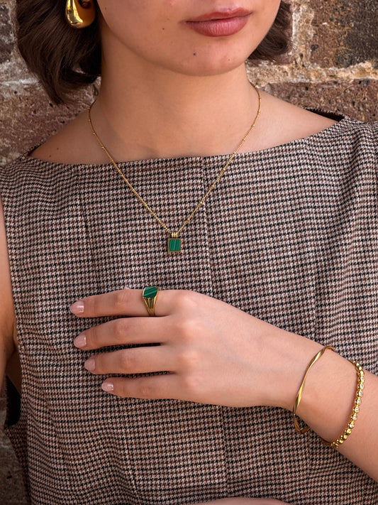 The Mason Set 18k Gold Plated Tarnish-Free Malachite Semi-Precious Stone Pendant Necklace & Ring