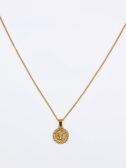 The Talisman Collection 'V' Initial 18k Gold Plated Stainless Steel Ball Trim Pendant Necklace.