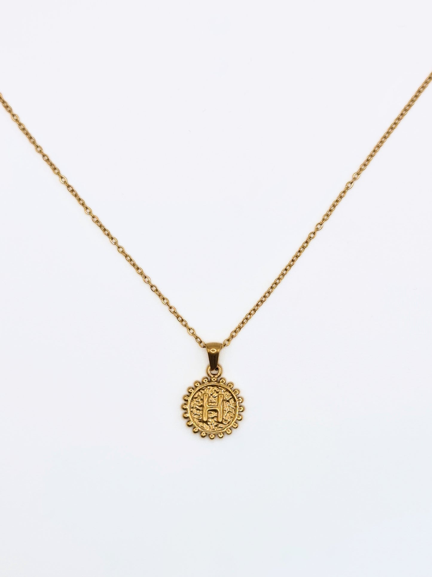The Talisman Collection 'H' Initial 18k Gold Plated Stainless Steel Ball Trim Pendant Necklace.