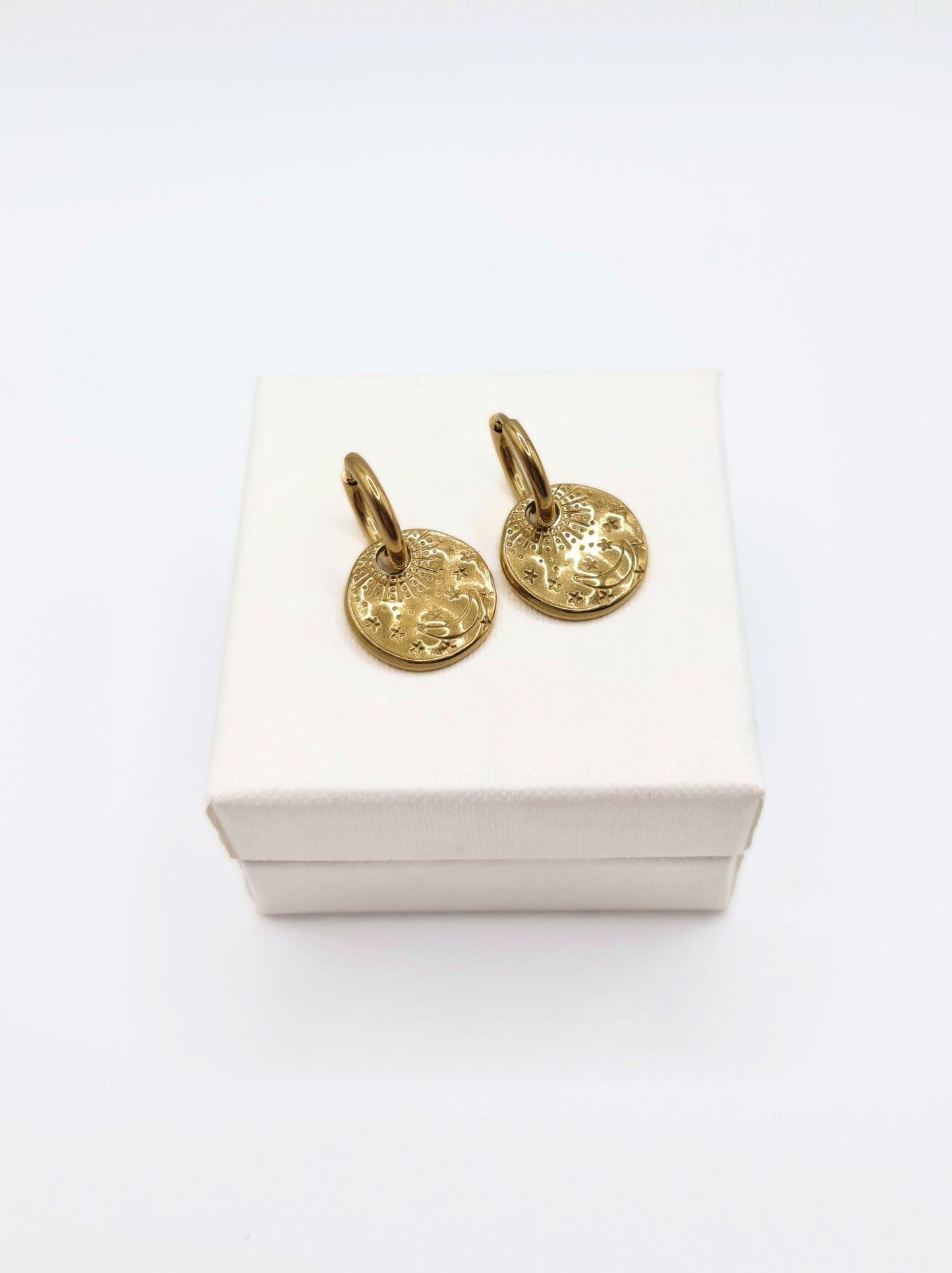 The Gia 18k Gold Plated Stainless Steel Celestial Disk Drop Hoop Earrings.