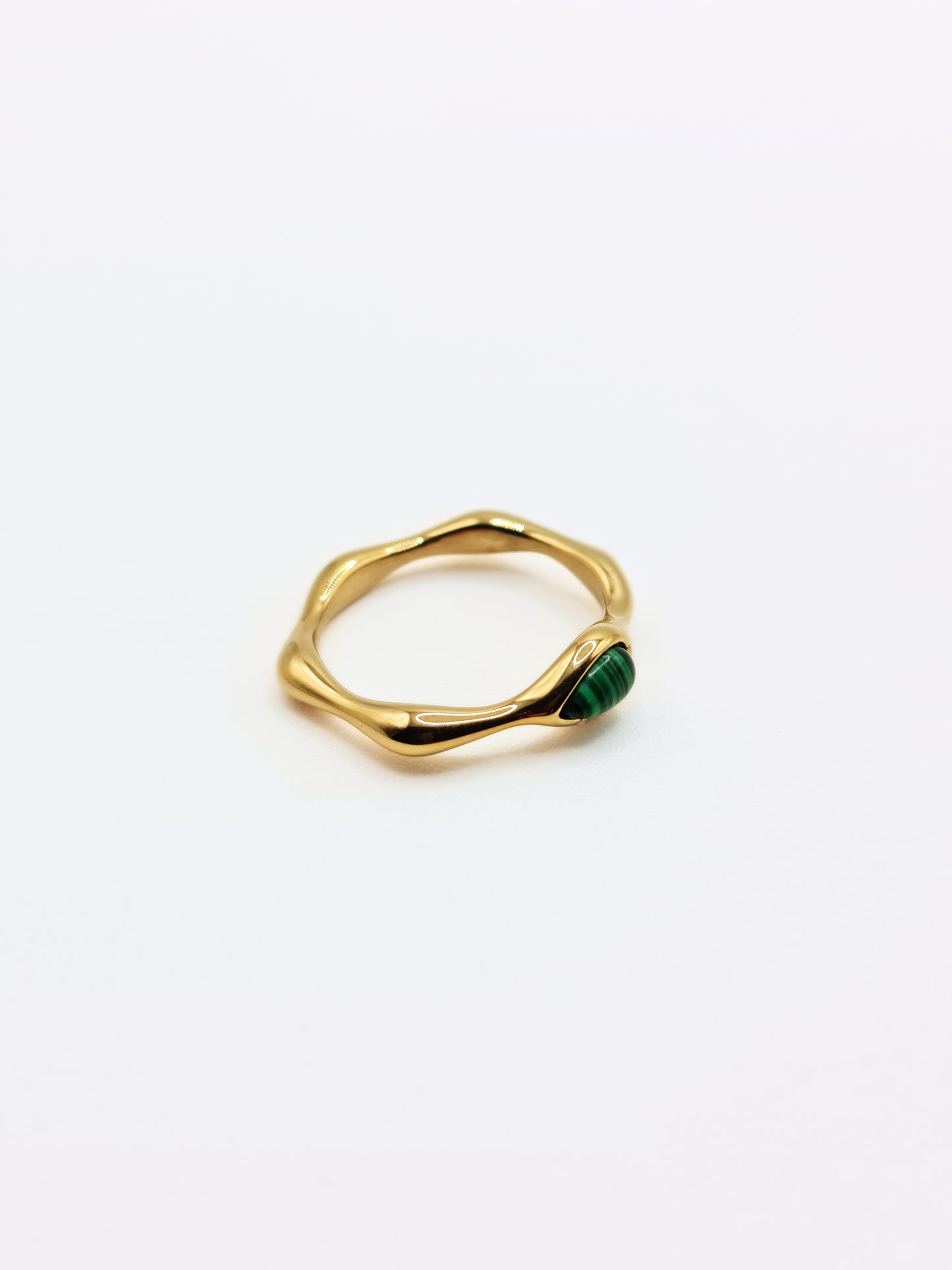 The Talisman Collection 18k Gold Plated Tarnish-Free Malachite Semi-Precious Stone Wavy Layering Ring