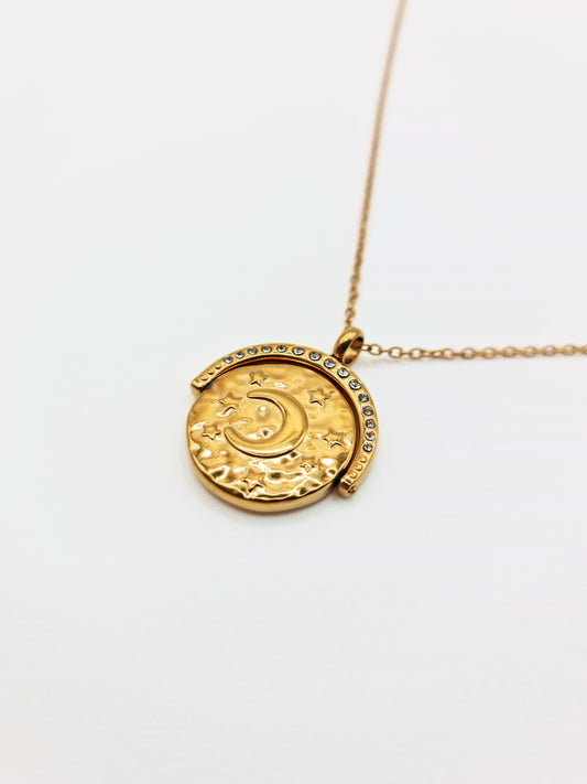 The Talisman Collection Set 18k Gold Plated Tarnish-Free Sun & Moon Crystal Spinner Pendant & Arizona Snake Chain Co-Ord Necklaces