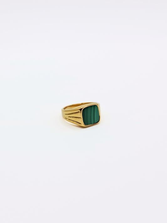 The Mason 18k Gold Plated Tarnish-Free Malachite Semi-Precious Stone Signet Ring