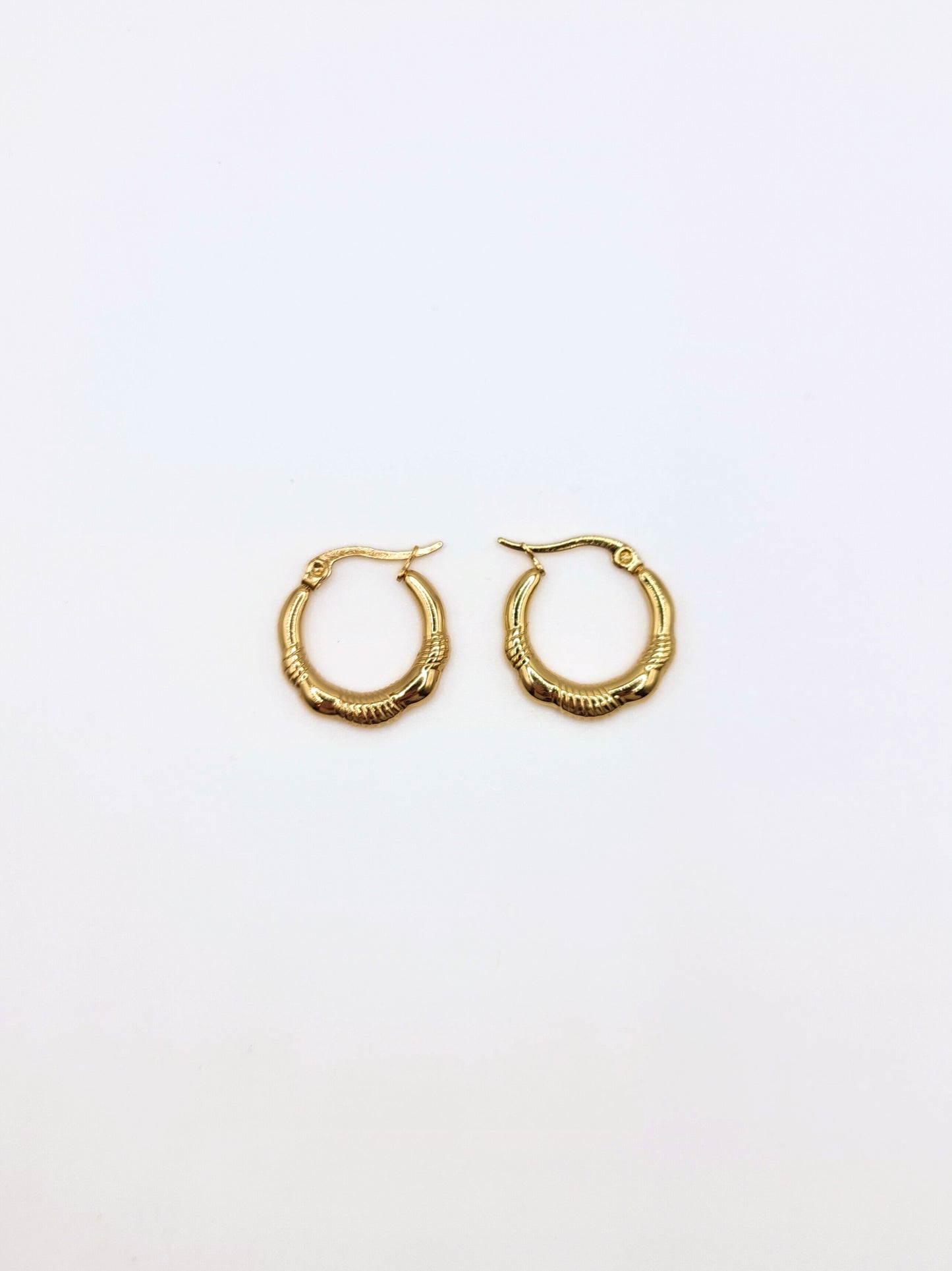 The Ashley 18k Gold Plated Stainless Steel Twist Etched Hoop Earrings.
