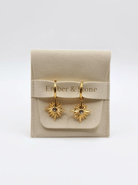 The Lexi 18k Gold Plated Stainless Steel Celestial Crystal Star Hoop Drop Earrings.