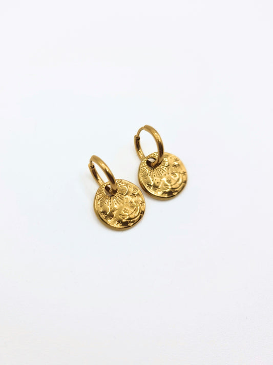 The Gia 18k Gold Plated Stainless Steel Celestial Disk Drop Hoop Earrings.