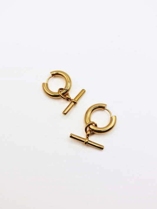 The Tala Set 18k Gold Plated Tarnish-Free T-Bar Drop Hoop Earrings & Necklace