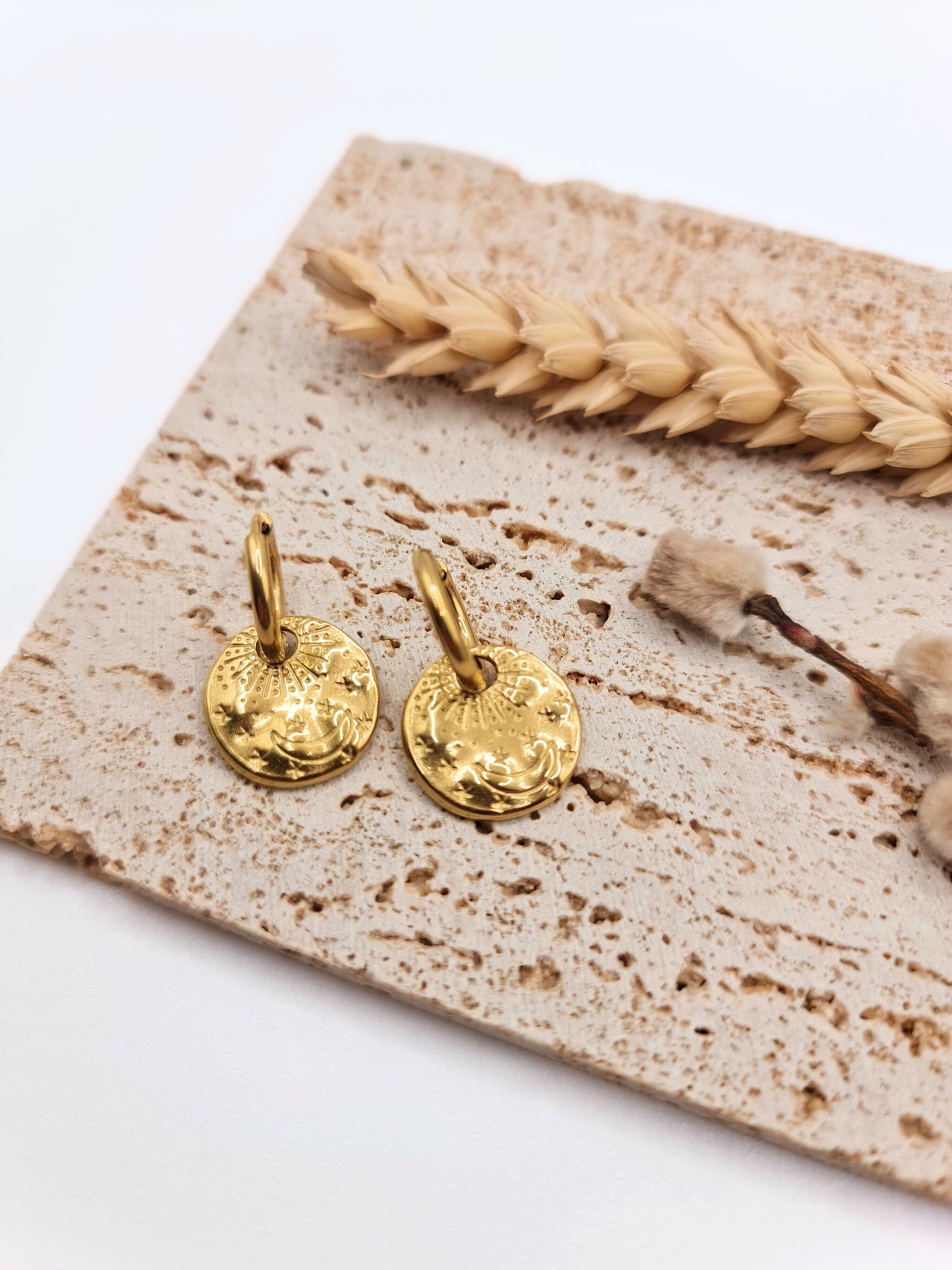The Gia 18k Gold Plated Stainless Steel Celestial Disk Drop Hoop Earrings.