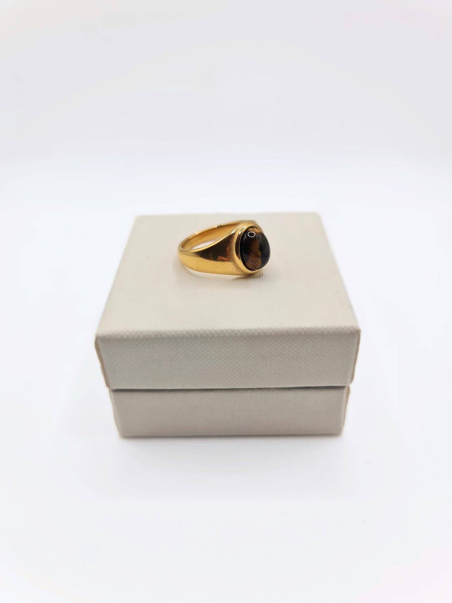 The Eden 18k Gold Plated Stainless Steel Tiger Eye Semi Precious Natural Stone Ring.