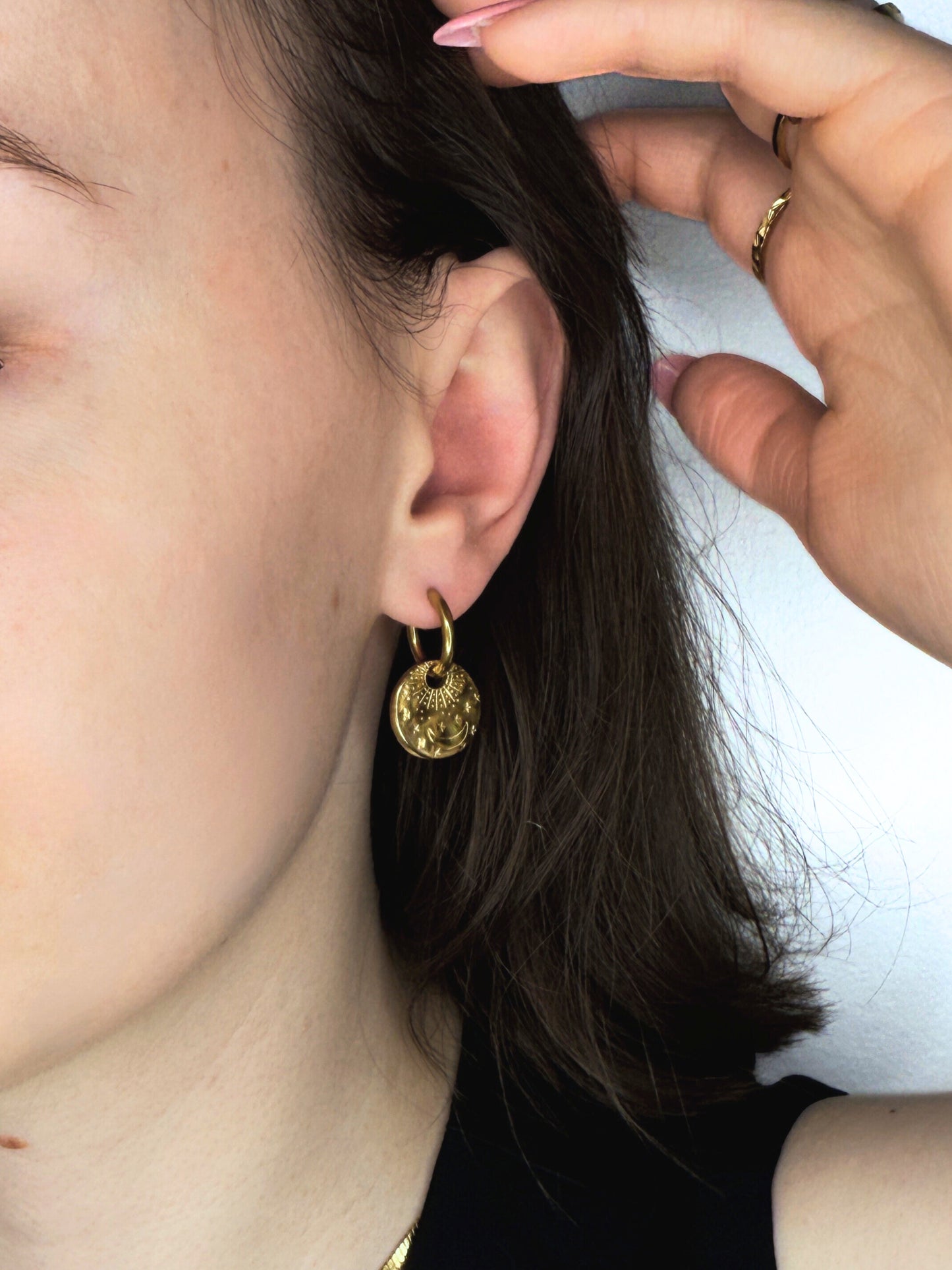 The Gia 18k Gold Plated Stainless Steel Celestial Disk Drop Hoop Earrings.