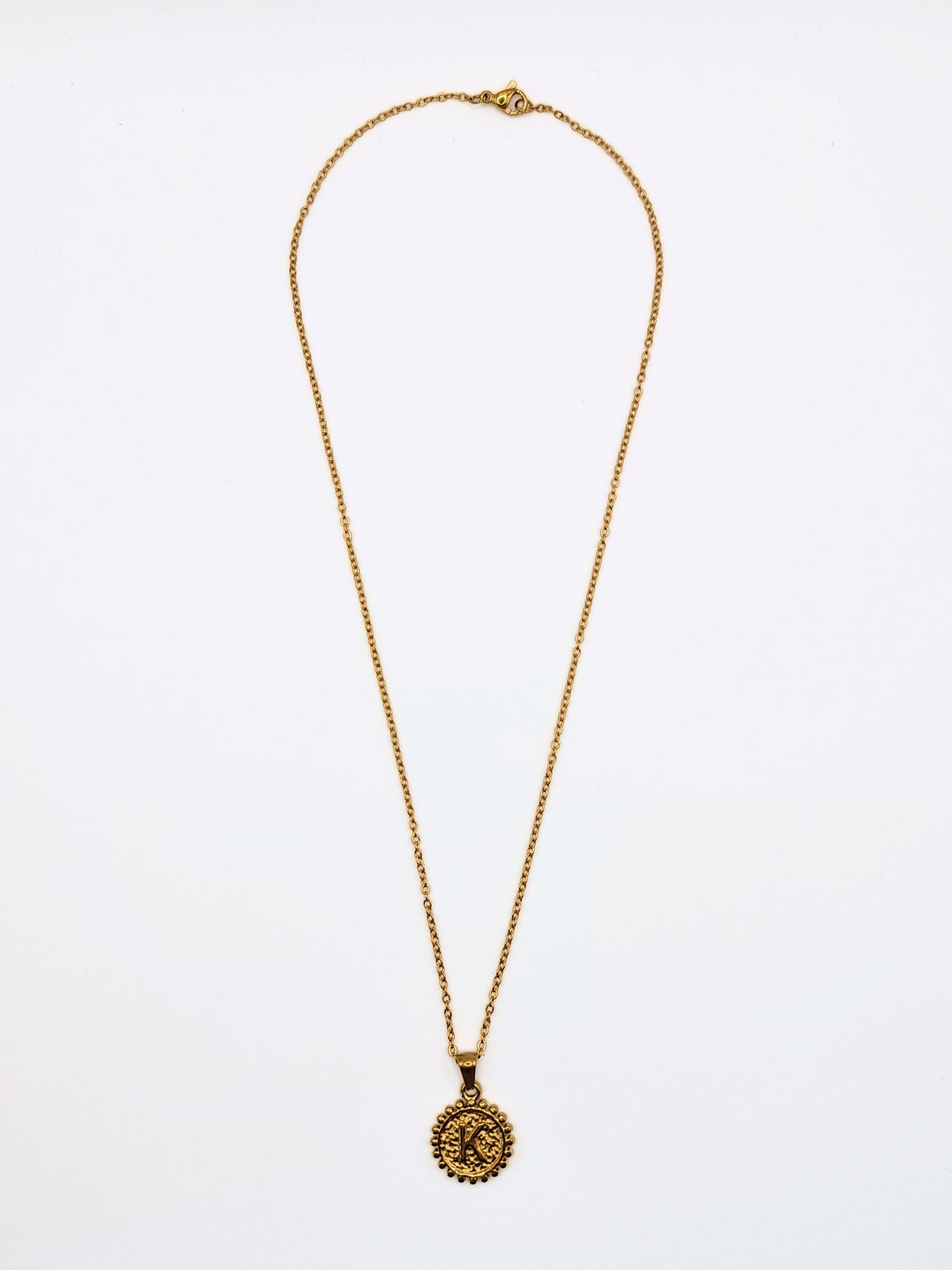 The Talisman Collection 'K' Initial 18k Gold Plated Stainless Steel Ball Trim Pendant Necklace.