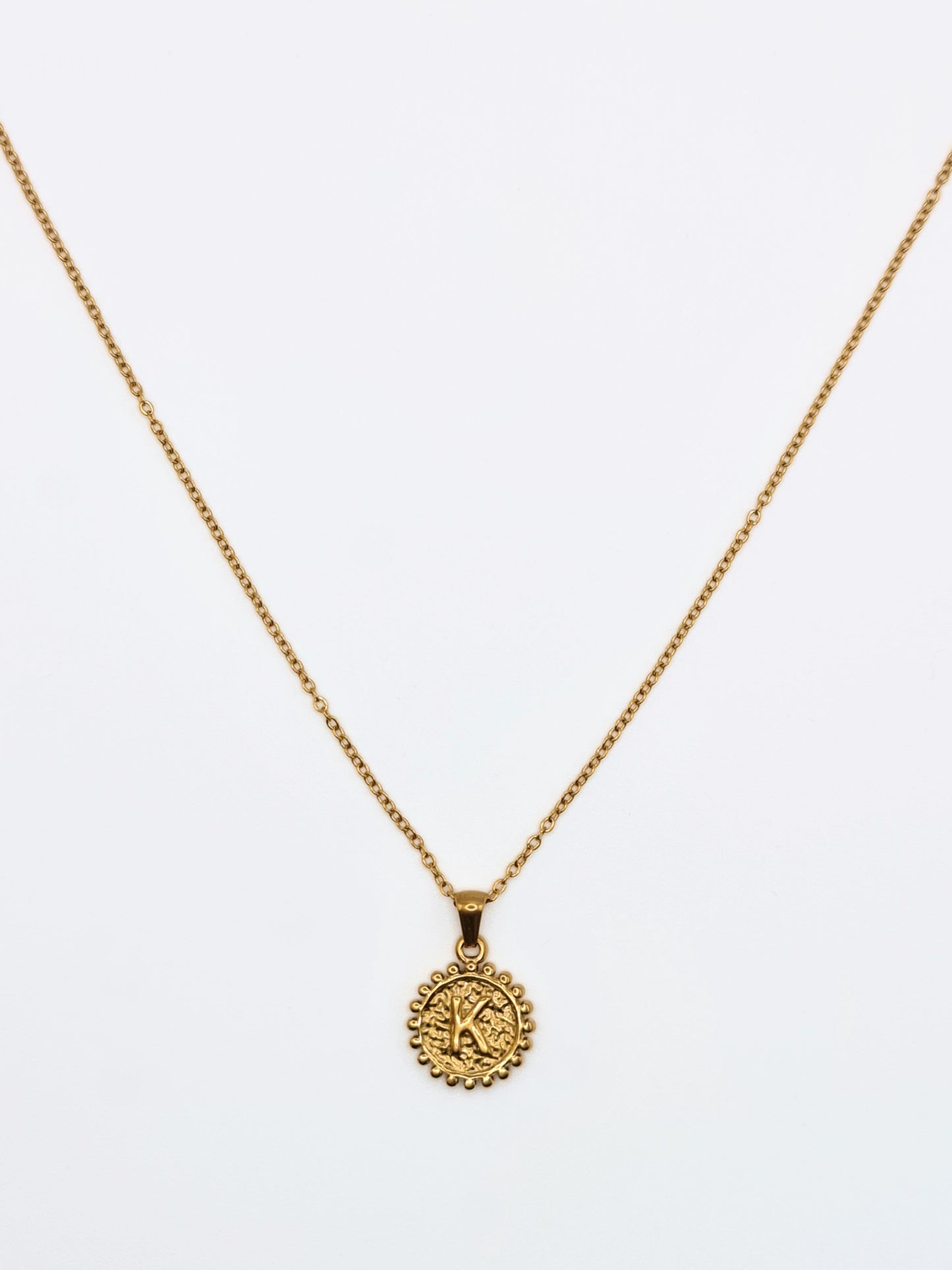 The Talisman Collection 'K' Initial 18k Gold Plated Stainless Steel Ball Trim Pendant Necklace.
