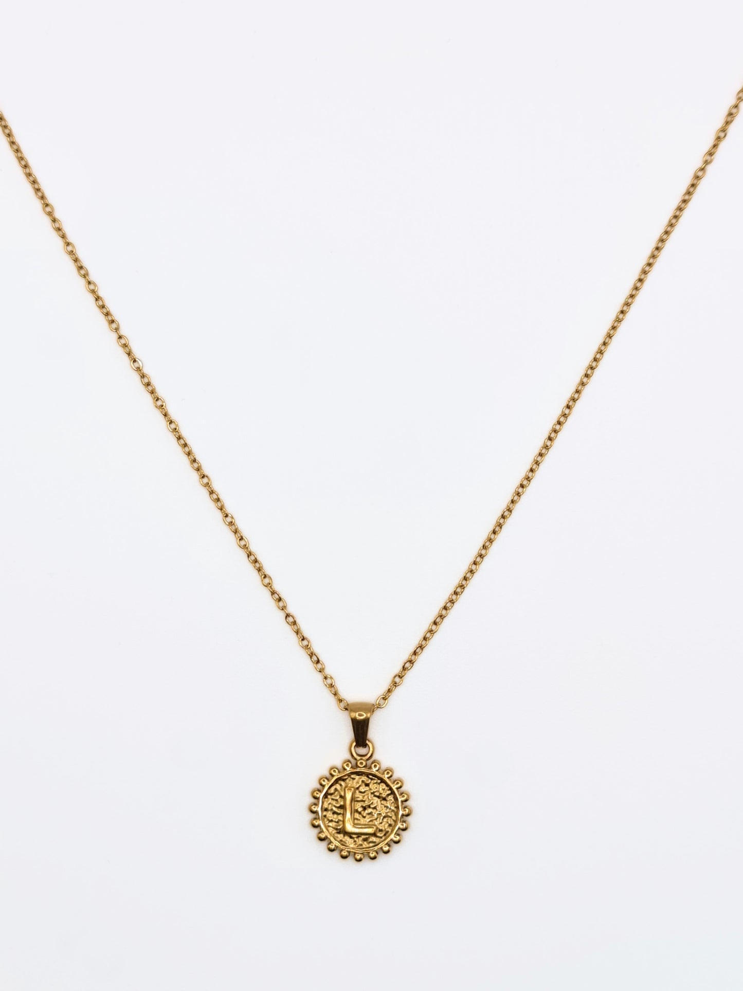The Talisman Collection 'L' Initial 18k Gold Plated Stainless Steel Ball Trim Pendant Necklace.