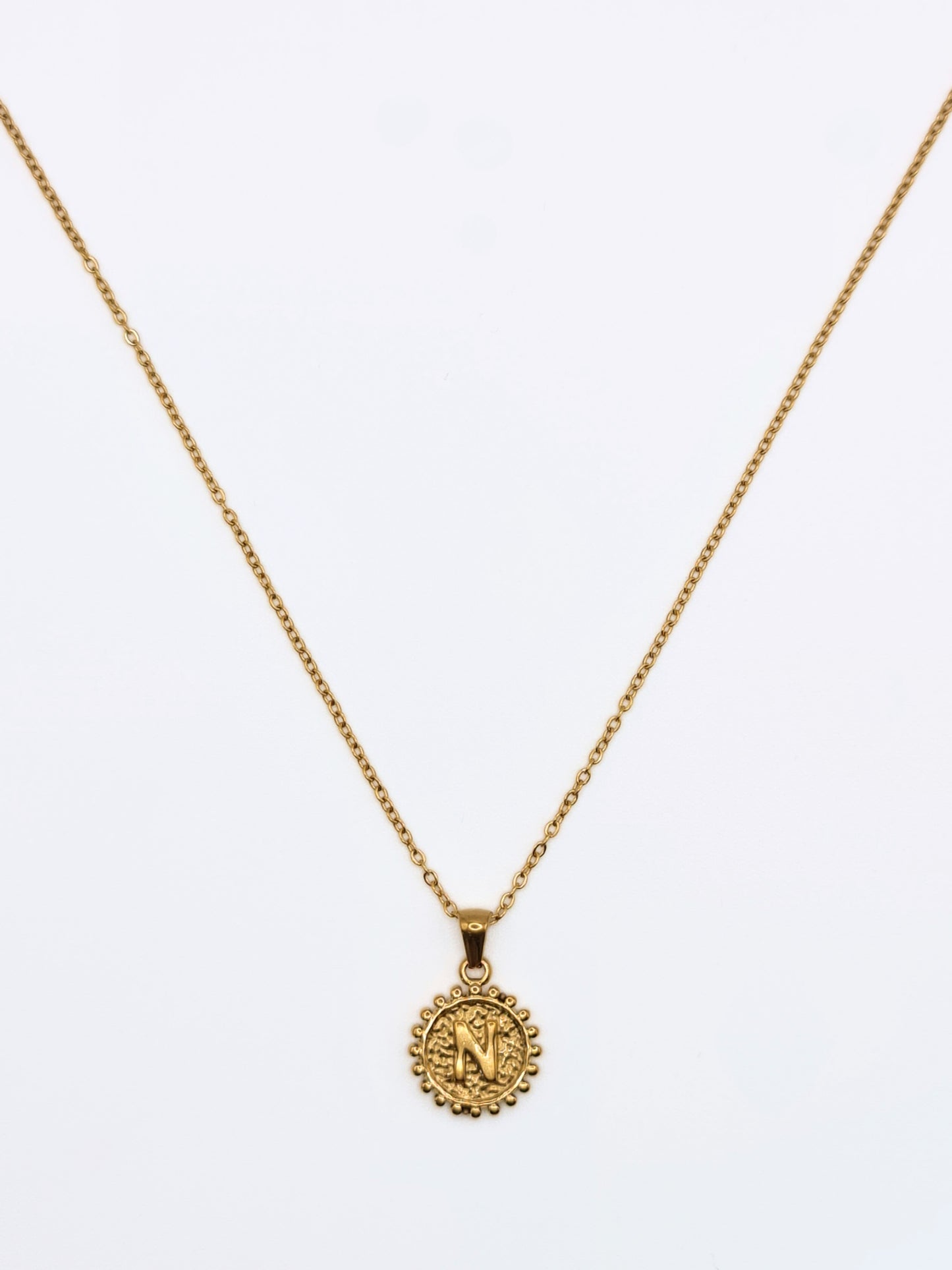 The Talisman Collection 'N' Initial 18k Gold Plated Stainless Steel Ball Trim Pendant Necklace.
