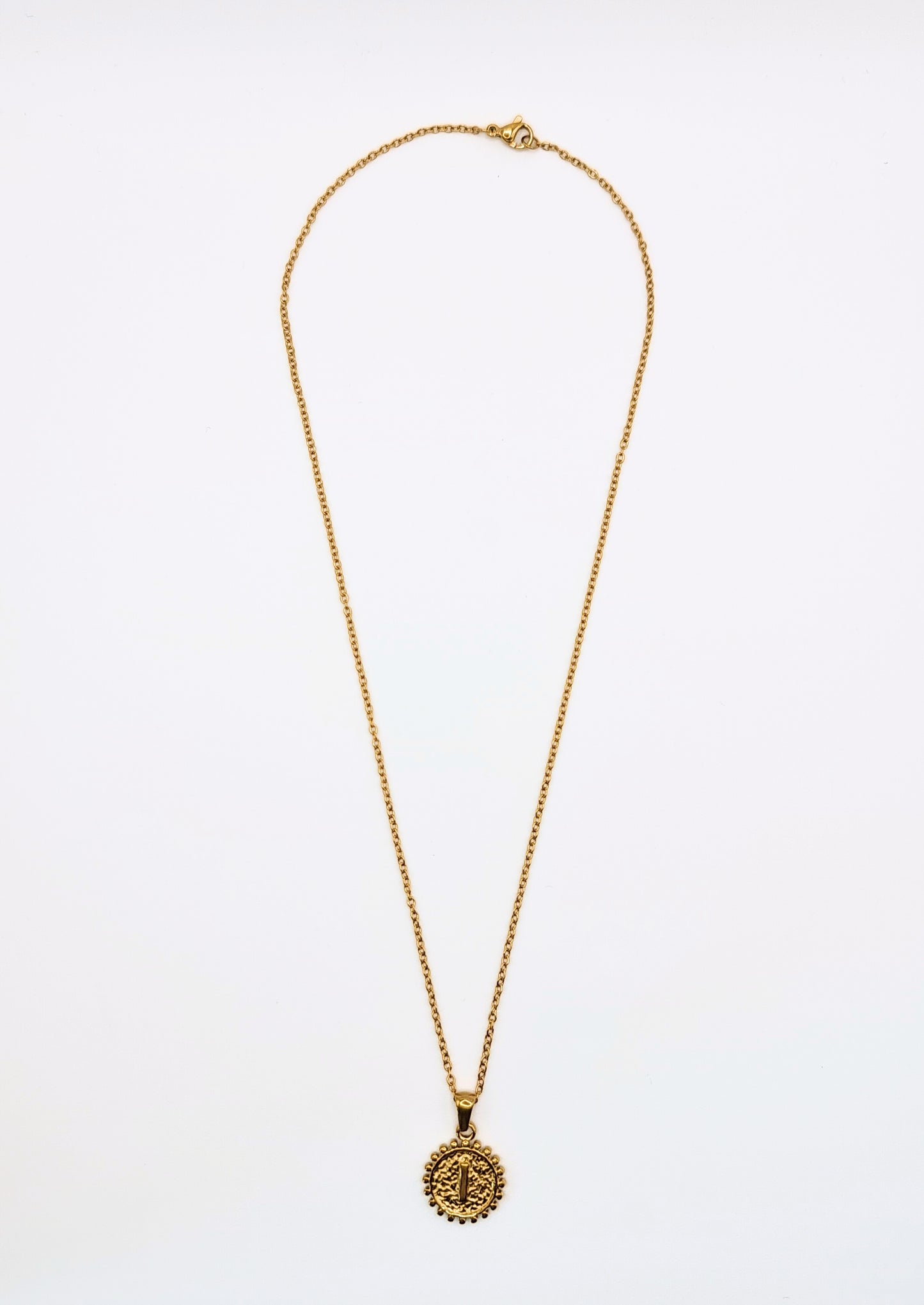 The Talisman Collection 'I' Initial 18k Gold Plated Stainless Steel Ball Trim Pendant Necklace.