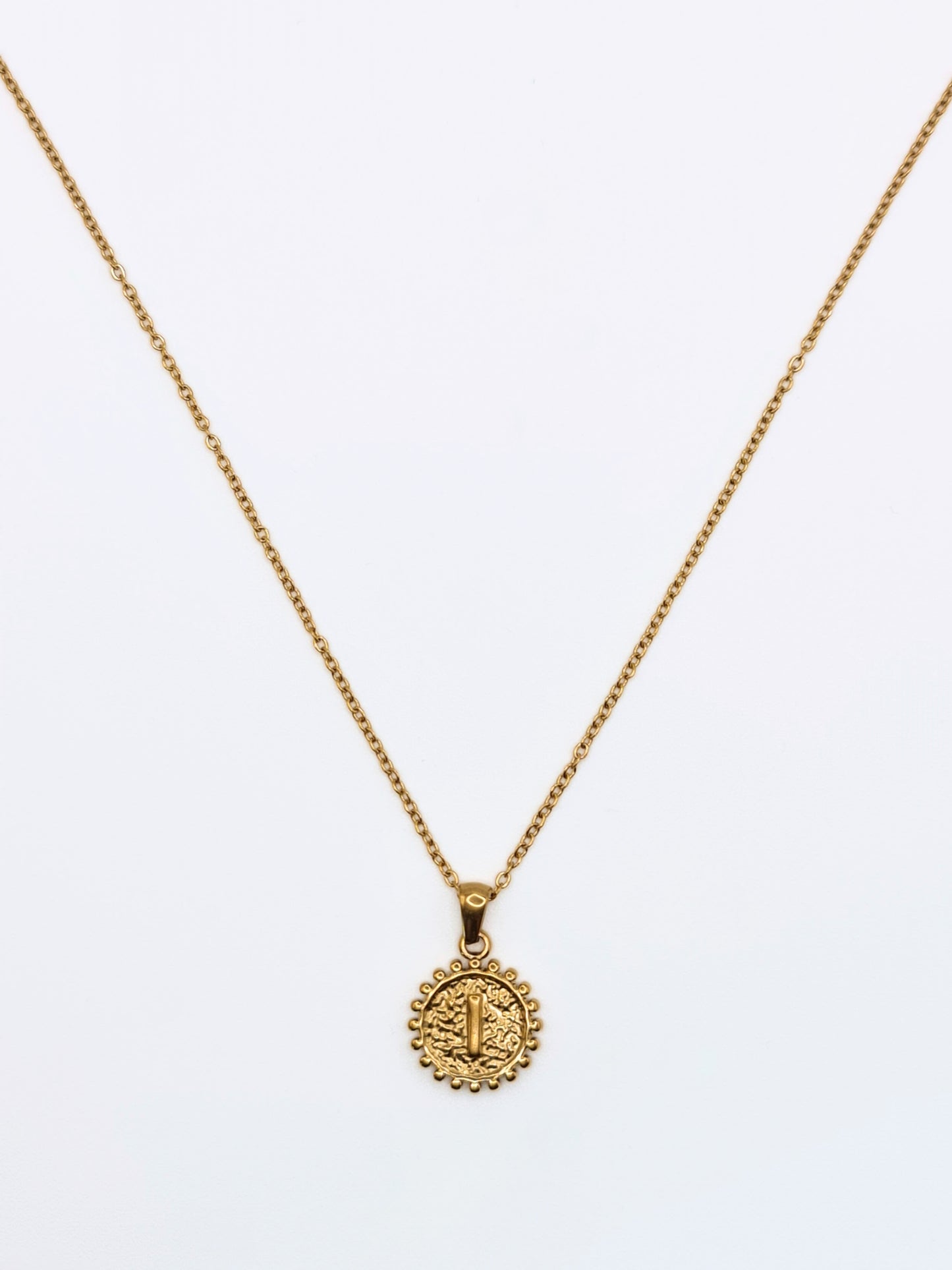 The Talisman Collection 'I' Initial 18k Gold Plated Stainless Steel Ball Trim Pendant Necklace.
