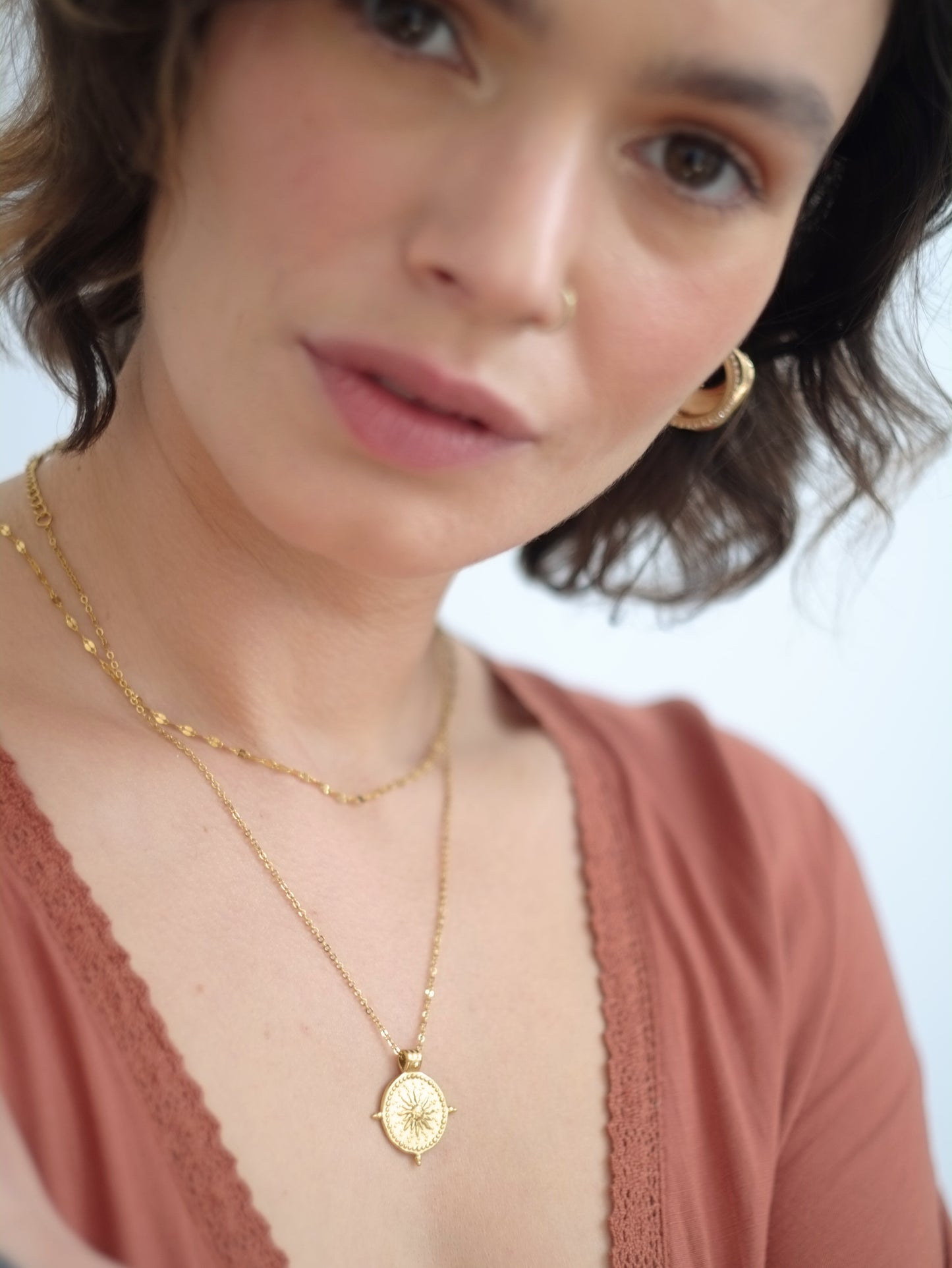 The Talisman Compass & Flora Delicate Chain Necklace Set in 18k Gold Plated Stainless Steel.