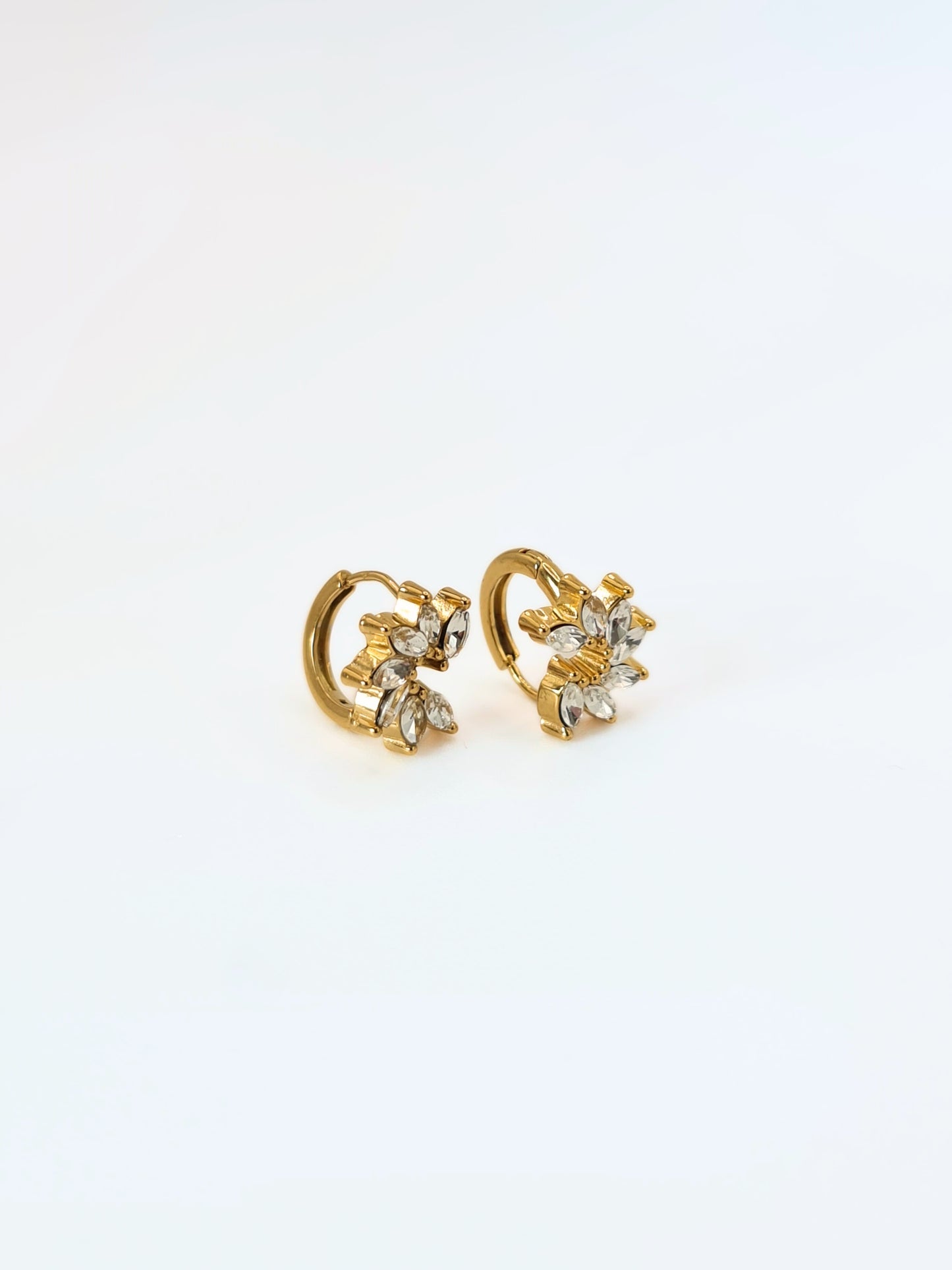 The Taylor 18k Gold Plated Stainless Steel Marquise Leaf Cut Cubic Zirconia Crystal Huggie Hoop Earrings.