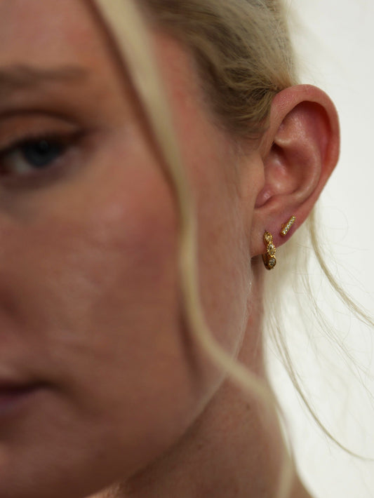 The Asteria 18k Gold Plated Salt & Pepper Crystal Evil Eye Huggie Hoop Earrings- Waterproof & Tarnish-Free