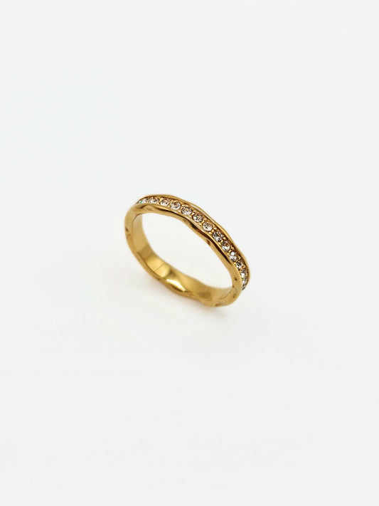 The Driftwood 18k Gold Plated Organic Hammered Crystal Pave Fine Stacking Ring- Waterproof & Tarnish Free