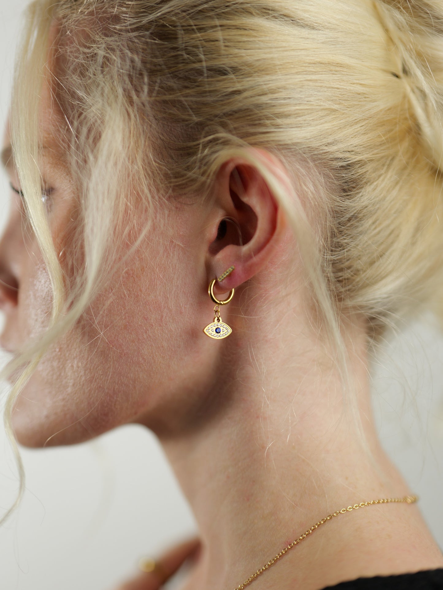 The Capri Silver Finish Crystal Evil Eye Drop Hoop Earrings- Waterproof & Tarnish-Free