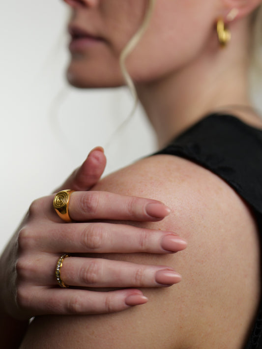 gold-spiral-statement-signet-ring-summer-stainless-steel-tarnish-free-jewellery-waterproof-ember-and-stone-3