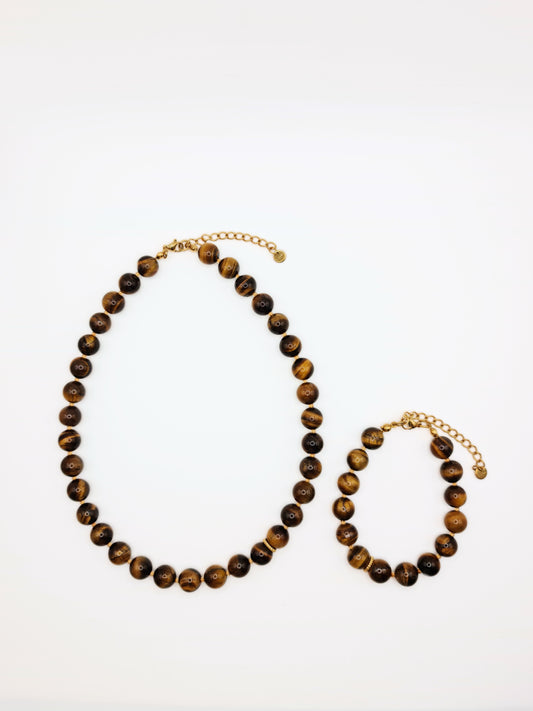 The Riviera Set Tigers Eye Natural Stone Beaded Necklace & Bracelet- Semi-Precious & Waterproof