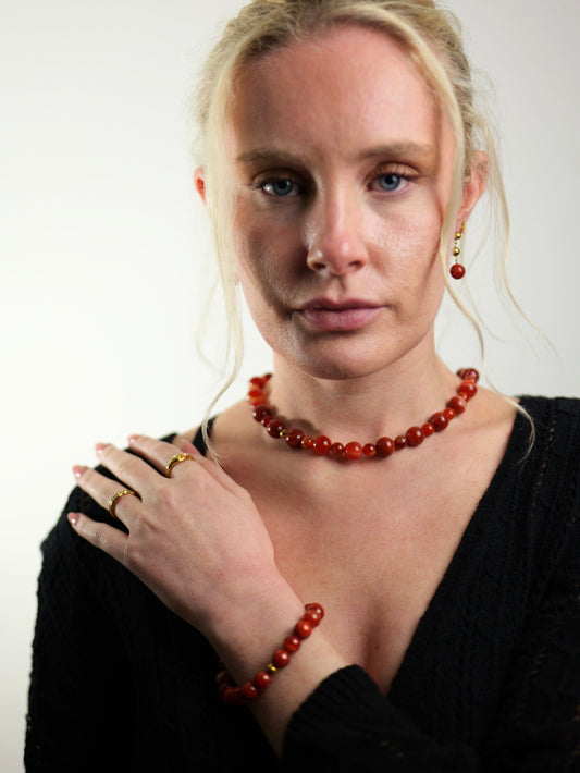 The Riviera Set Red Agate Natural Stone Beaded Necklace, Earring & Bracelet- Semi-Precious & Waterproof