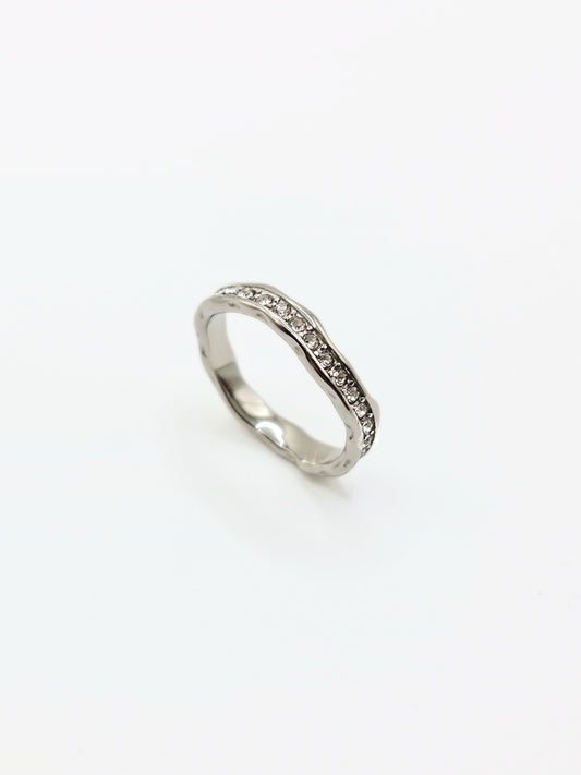 The Driftwood Silver Finish Organic Hammered Crystal Pave Fine Stacking Ring- Waterproof & Tarnish Free