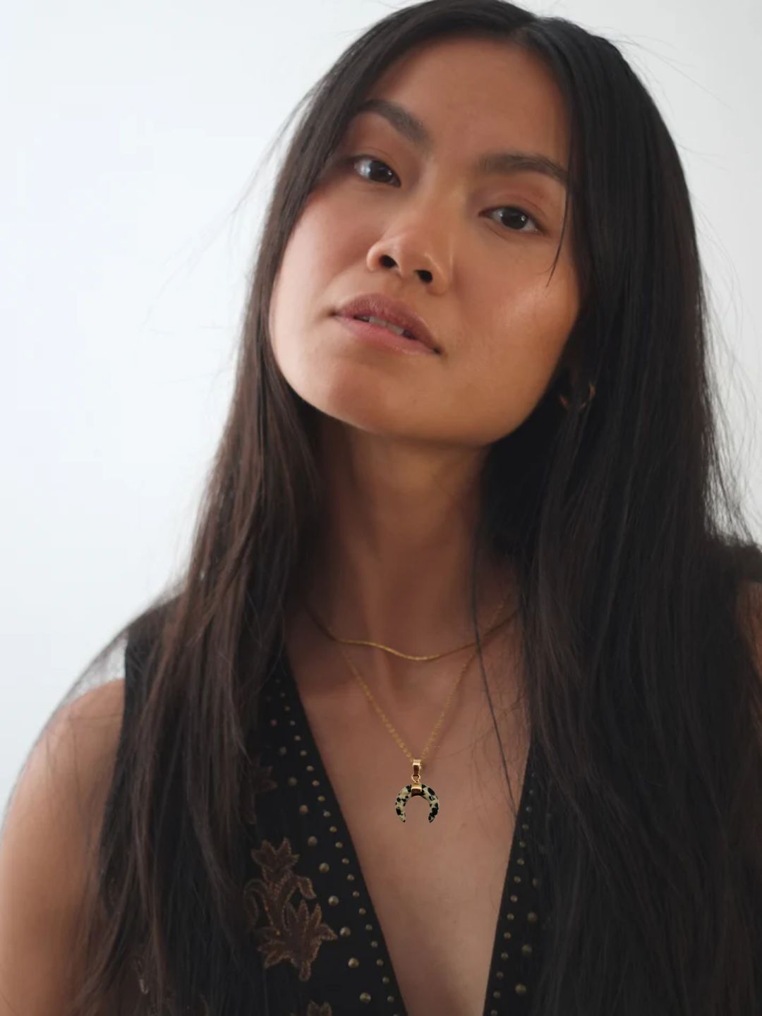 The Talisman Collection Dalmatian Jasper 18k Gold Plated Semi Precious Gemstone Horn Moon Pendant Necklace